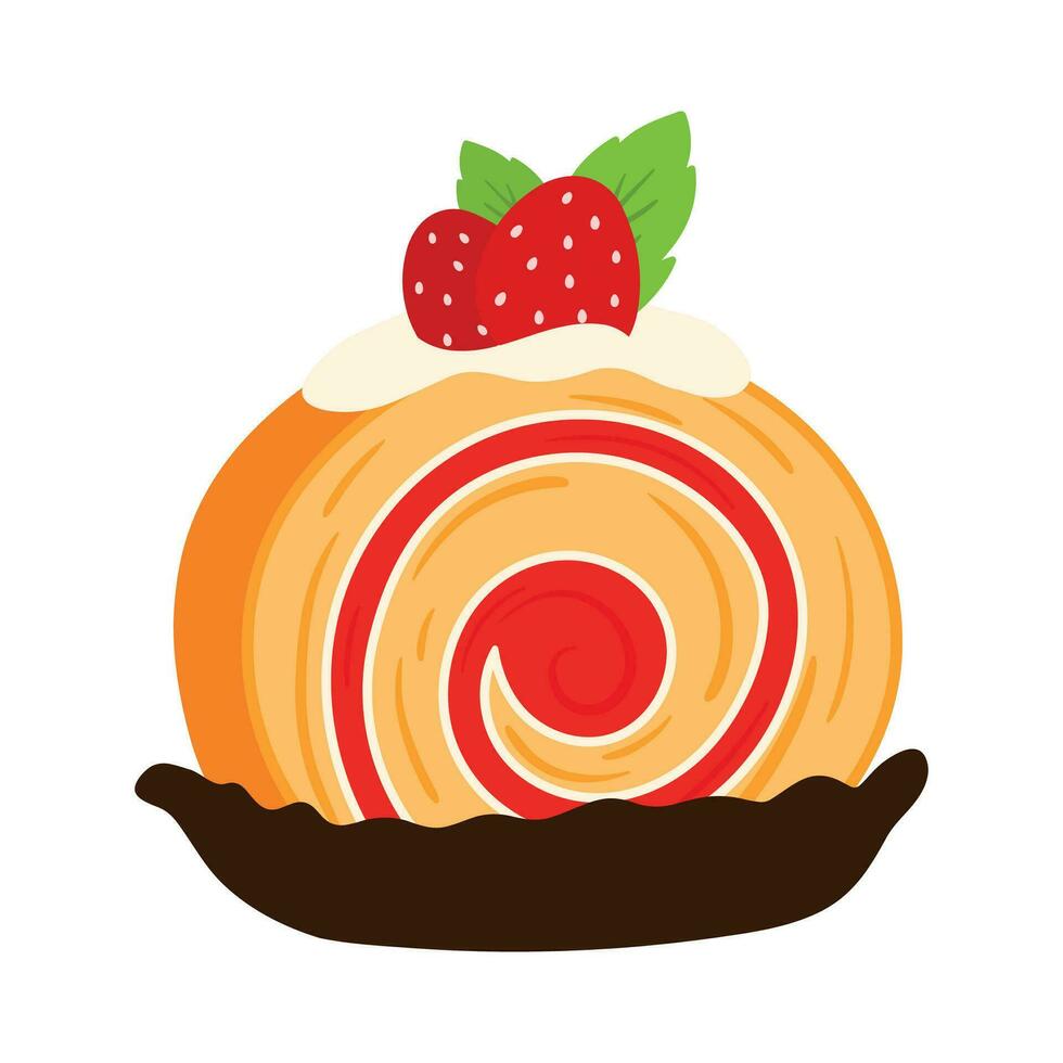 jordgubb rulla kaka ljuv efterrätt mellanmål ikon söt platt tecknad serie vektor illustration