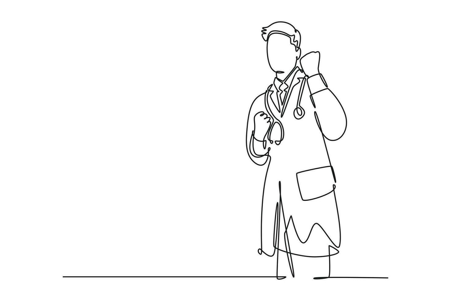 kontinuierlich einer Linie Zeichnung von jung glücklich männlich Arzt Faust seine Hände zu das Luft zu feiern seine Erfolg Behandlung das geduldig. medizinisch Gesundheit Pflege. Single Linie zeichnen Design Vektor Grafik Illustration