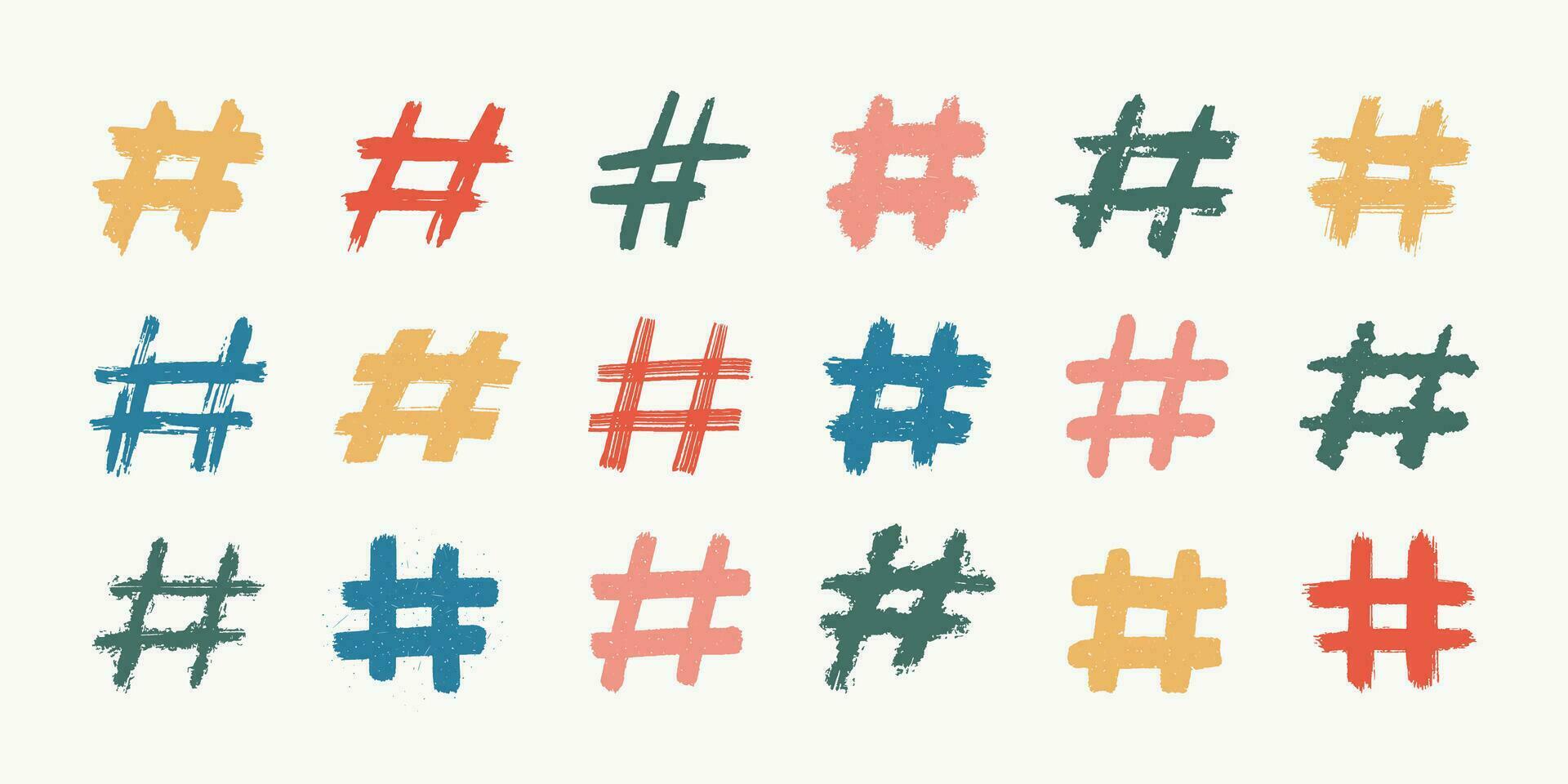 Hashtags, Vektor Tinte gemalt Etikett Symbole auf Weiß Hintergrund. Hand gezeichnet Vektor Illustration.