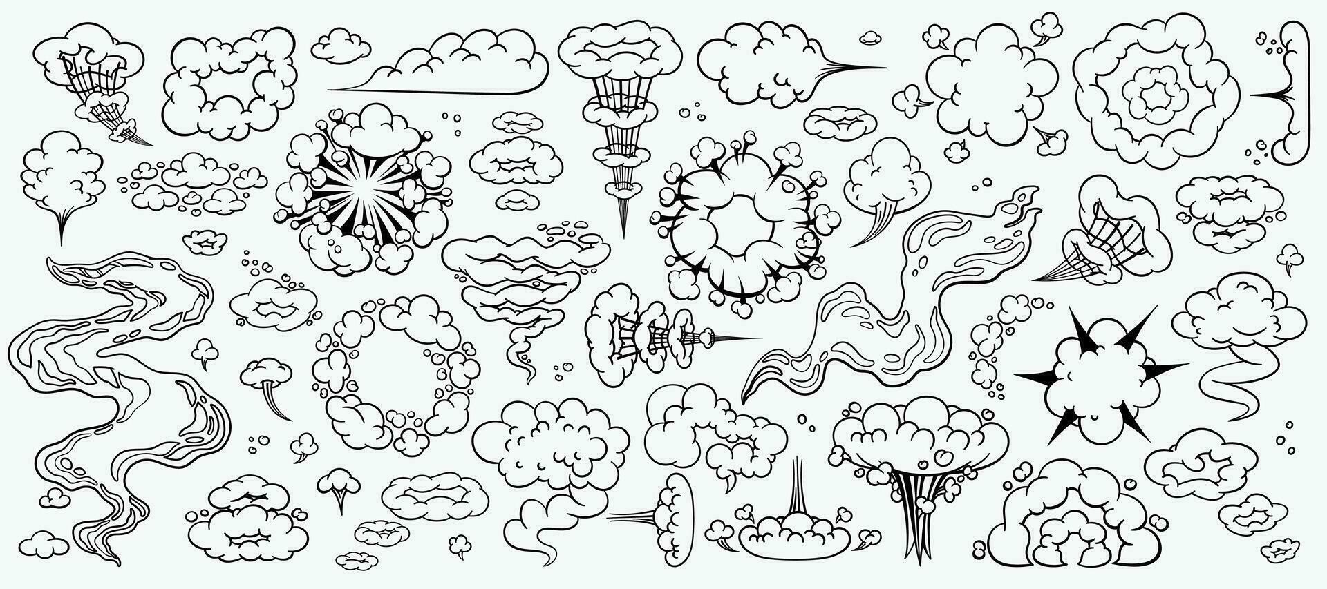 Comic Wolken Satz, Karikatur Vektor Wolken im Linie Stil isoliert auf Licht Hintergrund. Vektor Illustration