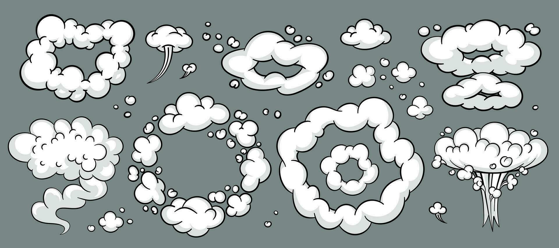 komisk moln eller rök, tecknad serie vektor rörelse effekter, och explosioner isolerat på grå bakgrund. vektor illustration