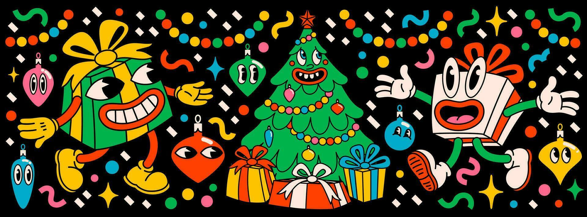 glad jul och Lycklig ny år packa av trendig retro tecknad serie tecken. häftig hippie jul klistermärken med jul träd, gåvor och vinter- objekt. vektor tecknad serie tecken