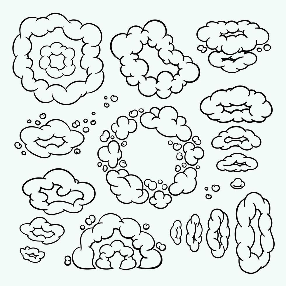 komisk moln, tecknad serie vektor moln i linje stil isolerat på ljus bakgrund.