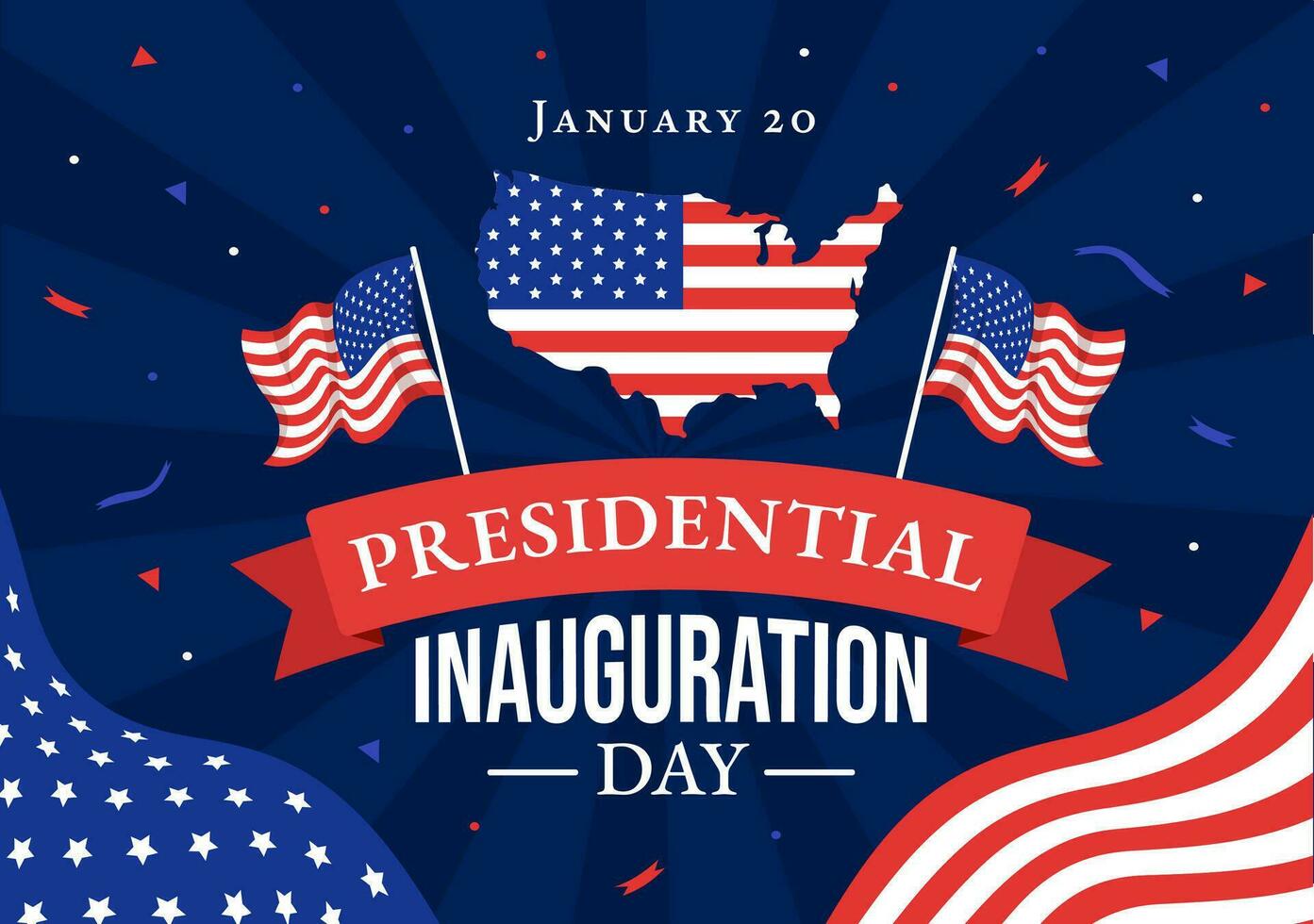 USA Präsidentschaftswahl Einweihung Tag Vektor Illustration Januar 20 mit Kapitol Gebäude Washington dc und amerikanisch Flagge im Hintergrund Design