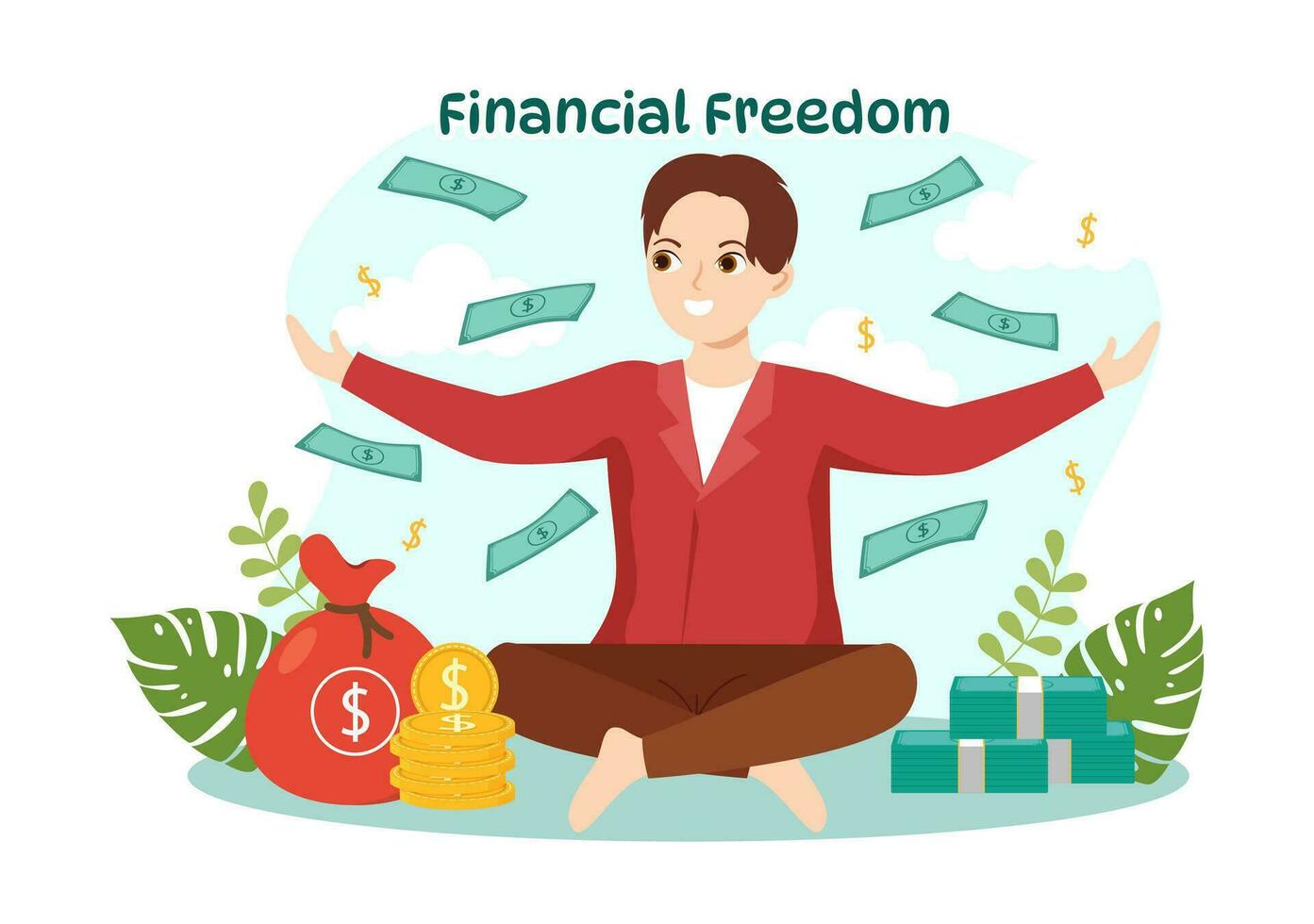 finansiell frihet vektor illustration med mynt och dollar till spara pengar, investering, eliminera skuld, kostnader och passiv inkomst i platt bakgrund