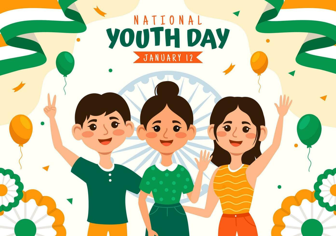 glücklich International Jugend Tag von Indien Vektor Illustration mit indisch Flagge und jung Jungs oder Mädchen Zusammengehörigkeit im eben Kinder Karikatur Hintergrund