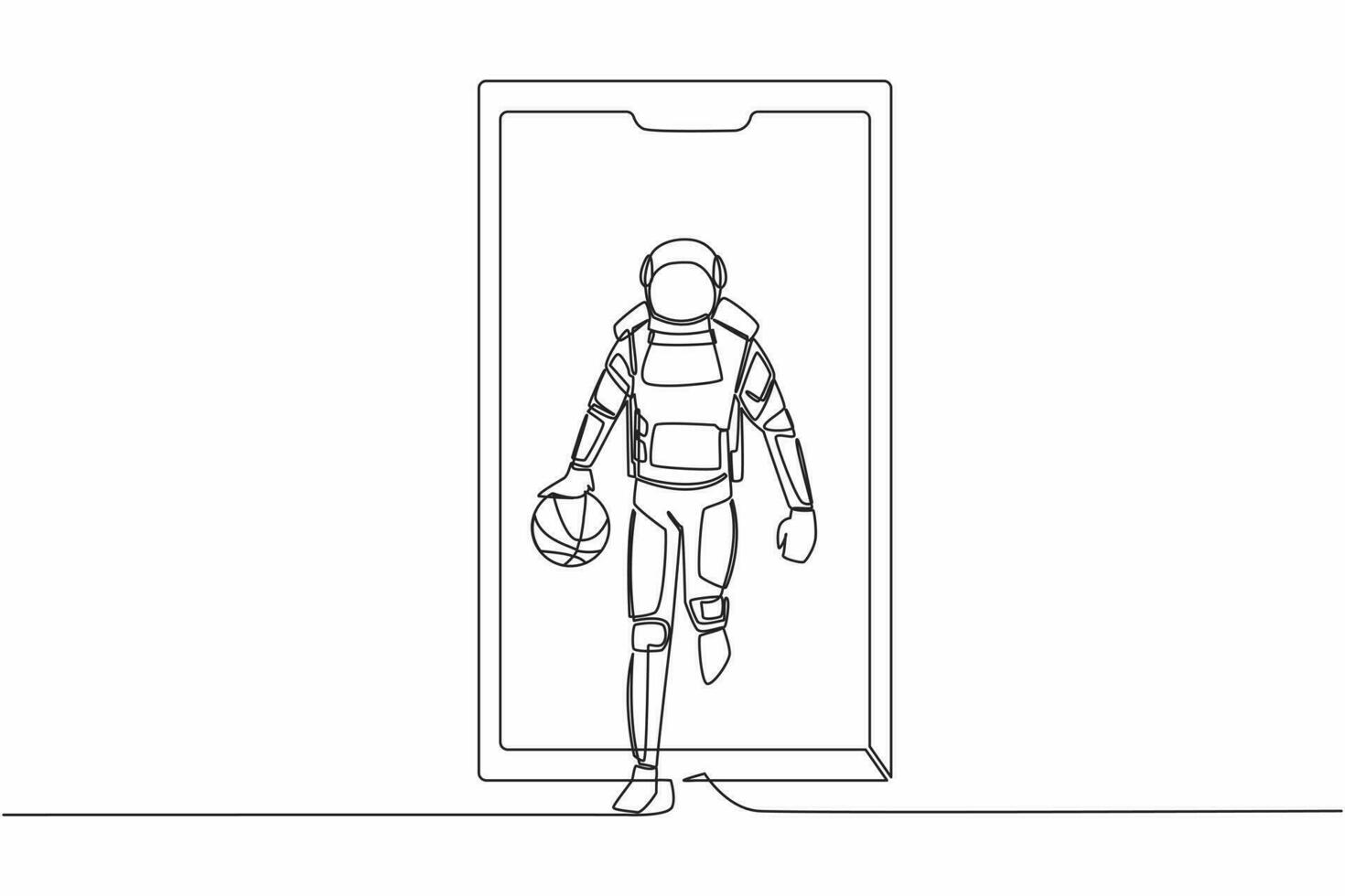 kontinuierlich einer Linie Zeichnung Astronaut Basketball Spieler Laufen und Dribbling mit Ball aus von Smartphone Bildschirm. App Basketball. Kosmonaut äußere Raum. Single Linie Grafik Design Vektor Illustration