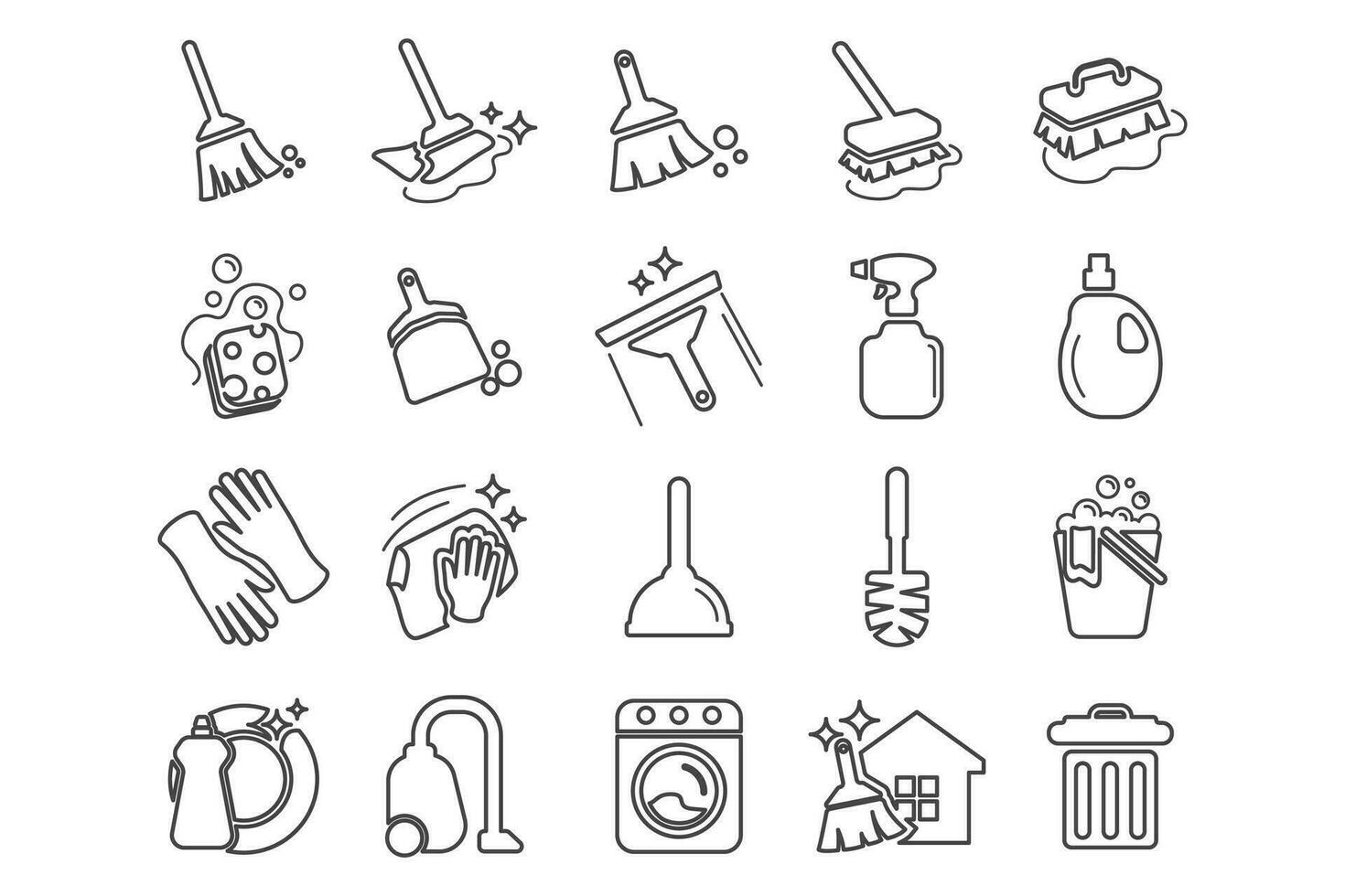 Reinigung Linie Symbole. Wäscherei, Fenster Schwamm und Vakuum Reiniger. Waschen Maschine linear Symbol einstellen vektor