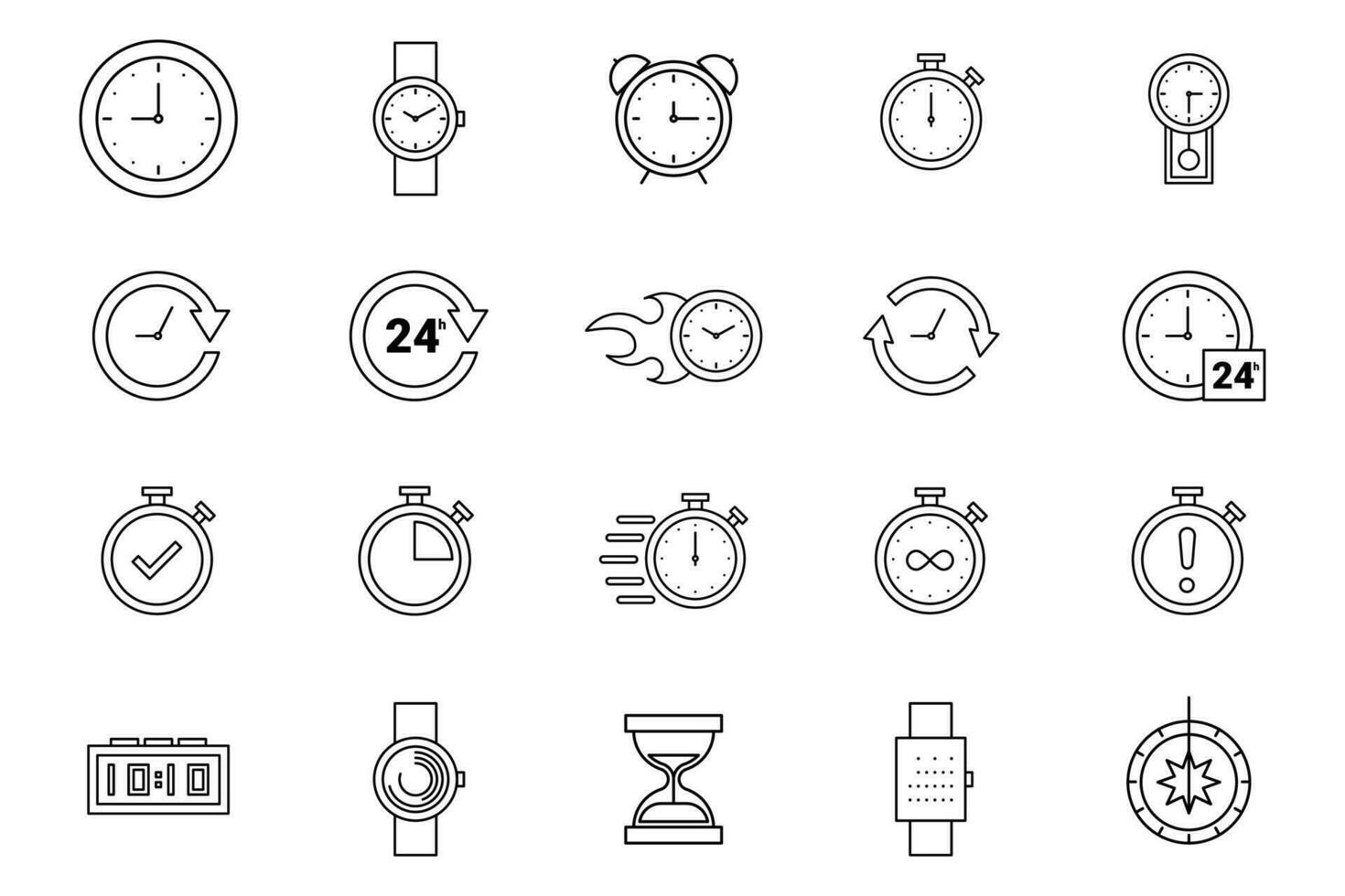 Zeit und Uhr Linie Symbole. betrachten, Timer, Datum, Strom Zeit und Kalender Vektor linear Symbol Satz.
