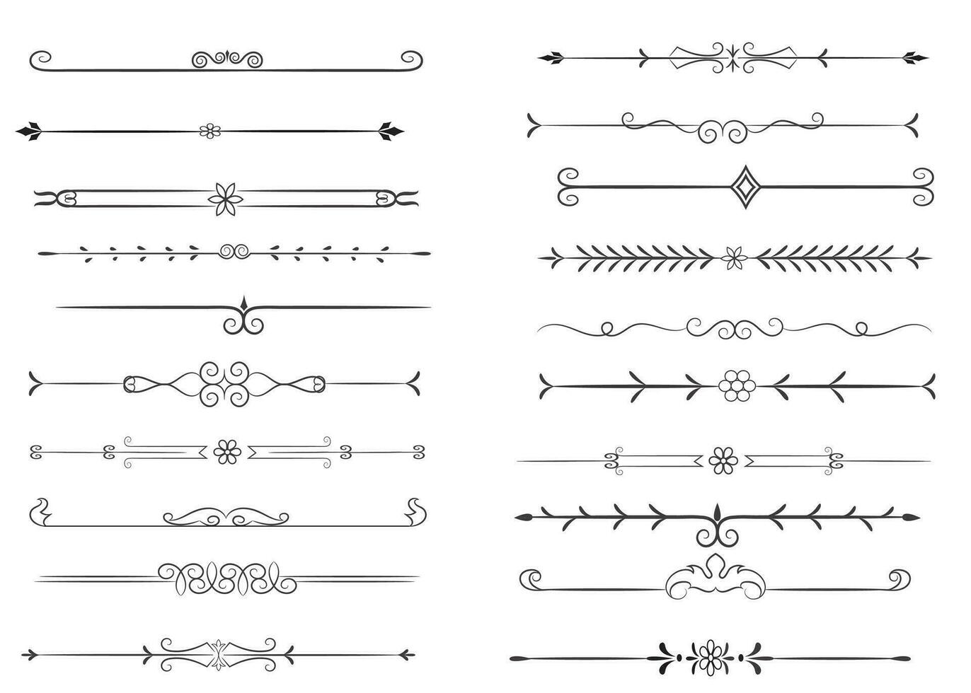 Seite Teiler und Design Elemente. einstellen von verschiedene einfach schwarz Teiler Design, sortiert Teiler Sammlung Vorlage Vektor. Sammlung von Blumen- Teiler Elemente Mega Dekoration zum Kalligraphie. vektor