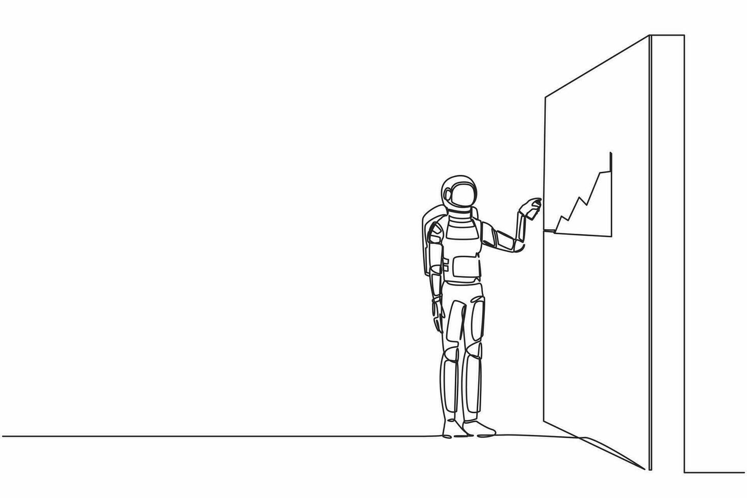 Single kontinuierlich Linie Zeichnung Astronaut Zeichnung profitieren Graph auf Mauer im Mond Oberfläche. Analyse wirtschaftlich Gelegenheit im Raum Unternehmen. Kosmonaut tief Raum. einer Linie Grafik Design Vektor Illustration