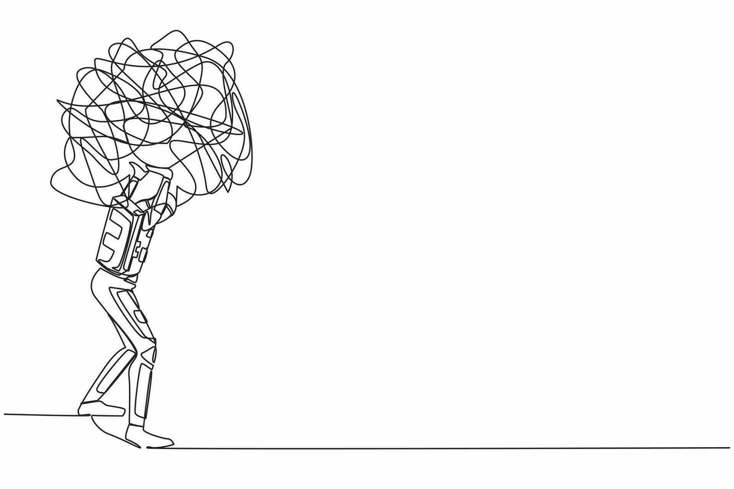 enda ett linje teckning ung astronaut bärande tung rörig linje på hans tillbaka. ångest från planeter utforskning. Plats företag problem. kosmisk galax Plats. kontinuerlig linje design vektor illustration