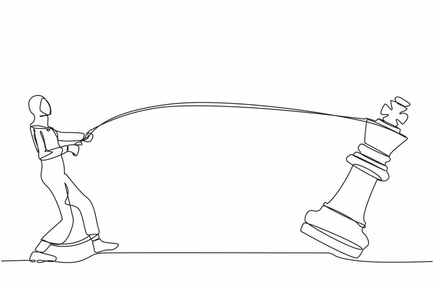 enda kontinuerlig linje teckning arab affärskvinna dragande stor kung schack med rep. företag prestation, strategi. konkurrenskraftig arbetstagare i marknadsföra konkurrens. ett linje dra design vektor illustration