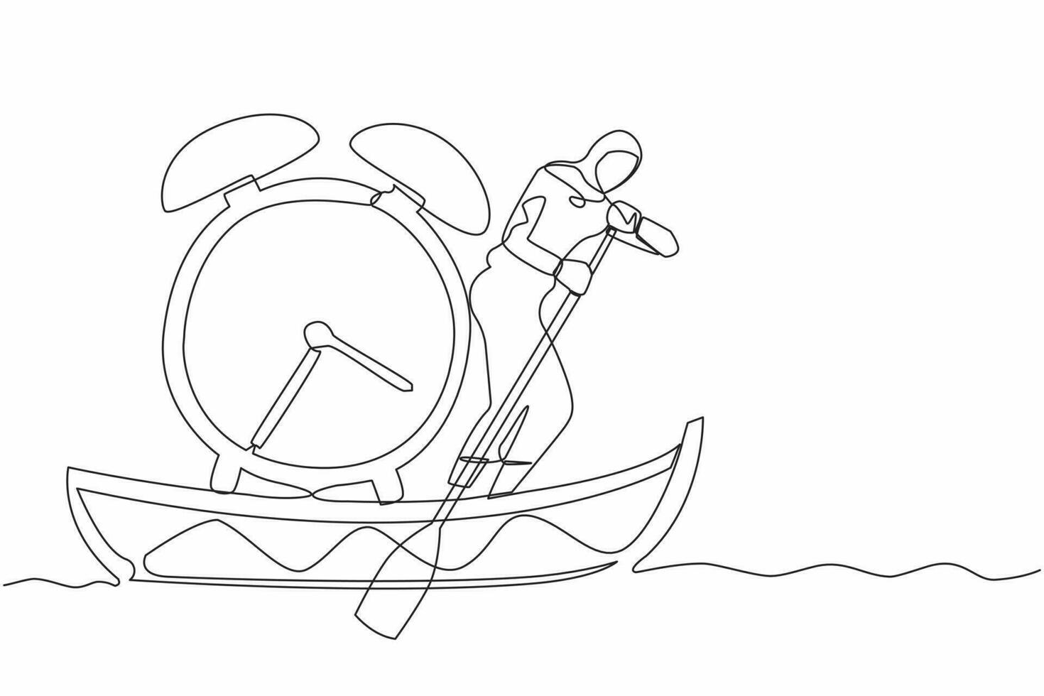 kontinuerlig ett linje teckning arab affärskvinna stående i båt och segling med larm klocka. chef fly från projekt deadline. tid förvaltning problem. enda linje dra design vektor illustration