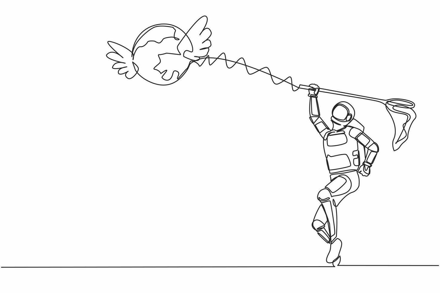 kontinuerlig ett linje teckning ung astronaut Prova till fångst flygande klot med fjäril netto. Plats resa och resa runt om de planet. kosmonaut yttre Plats. enda linje dra design vektor illustration