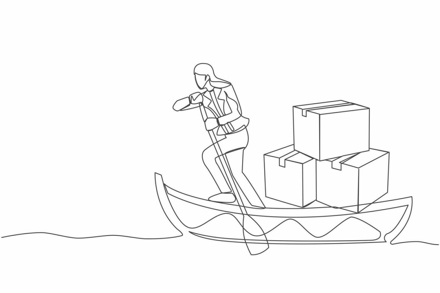 enda kontinuerlig linje teckning affärskvinna segling bort på båt med lugg av kartong. hav transport. frakt objekt levereras via segelbåt. ett linje dra design vektor grafisk illustration