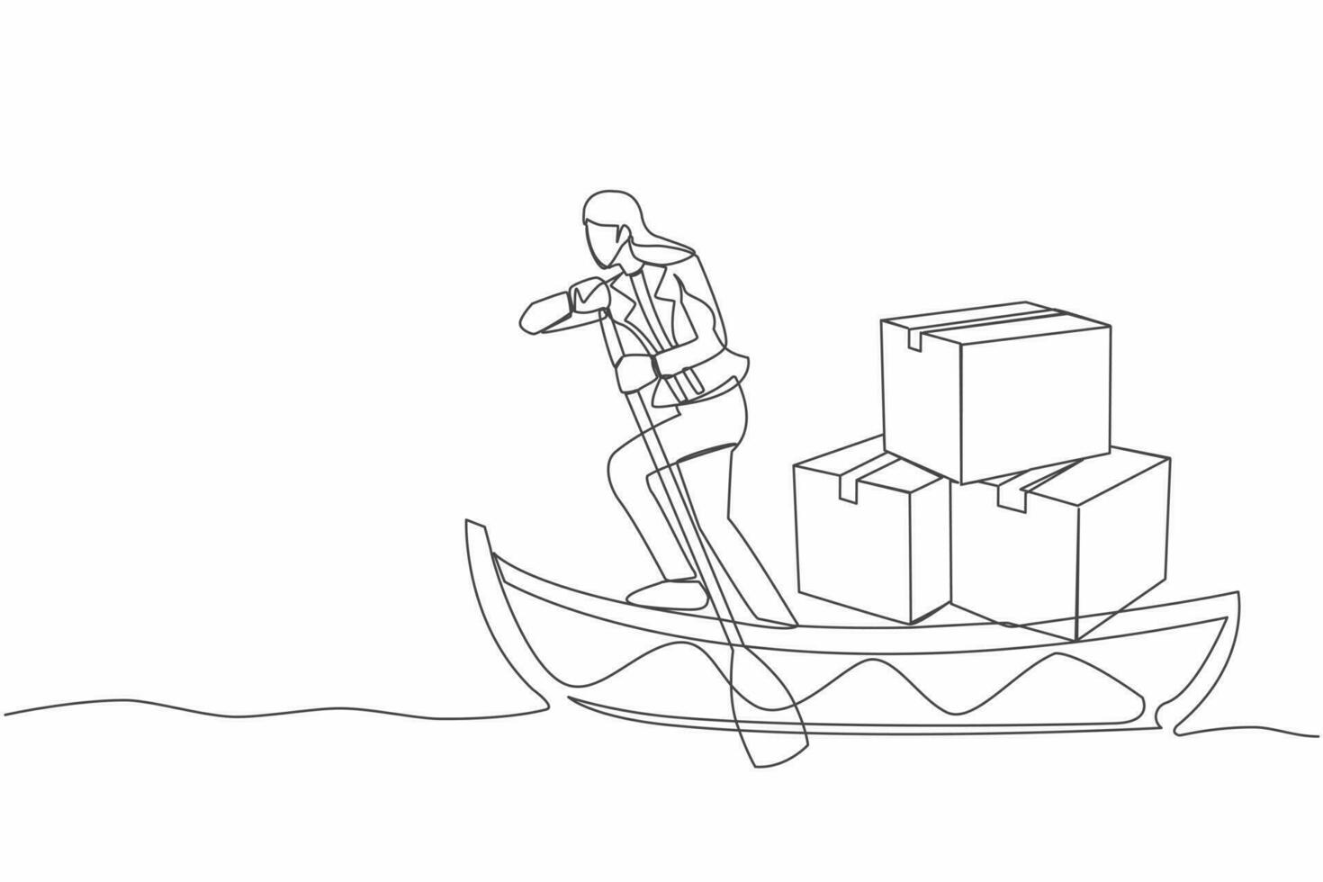 Single kontinuierlich Linie Zeichnung Geschäftsfrau Segeln Weg auf Boot mit Stapel von Karton. Ozean Transport. Versand Artikel geliefert über Segelboot. einer Linie zeichnen Design Vektor Grafik Illustration