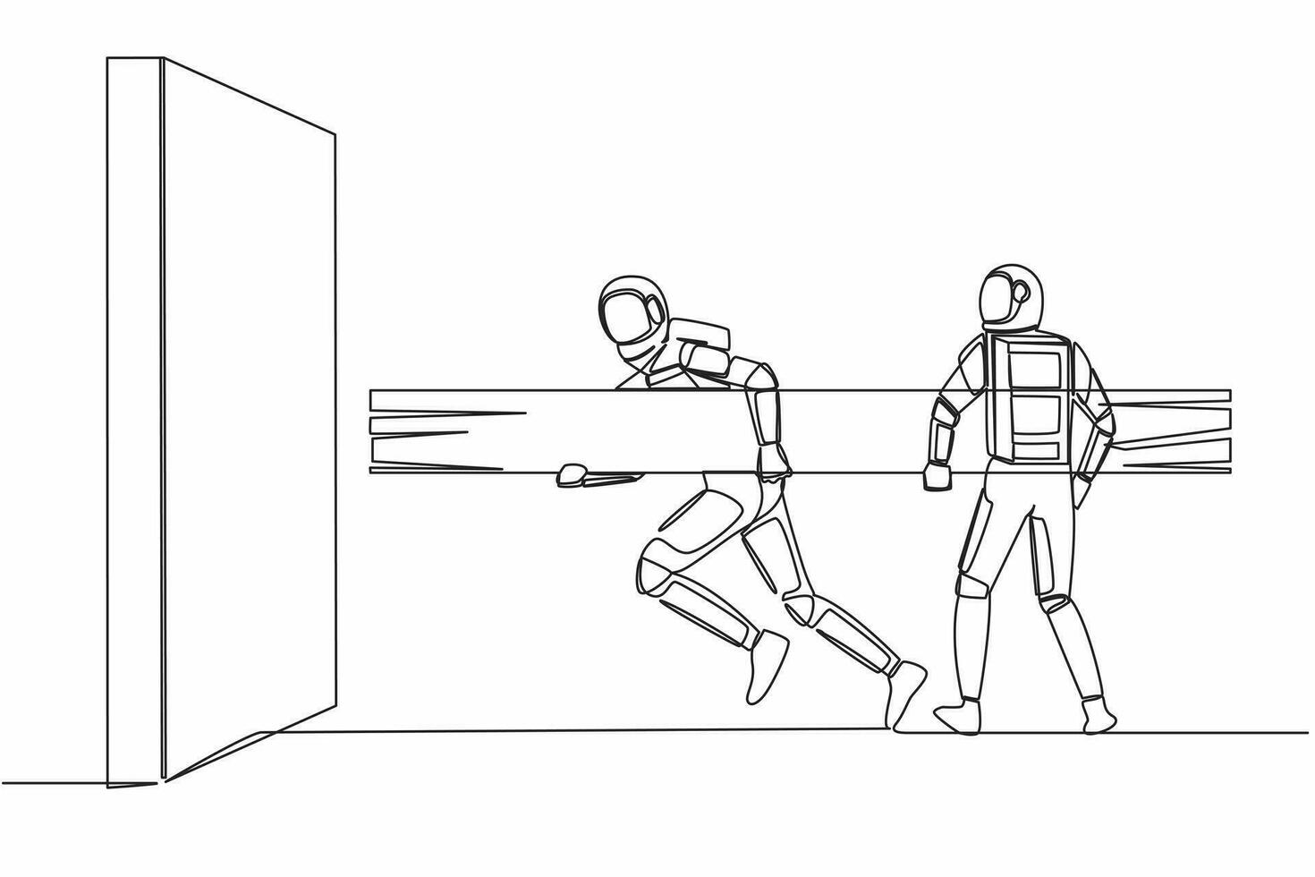 enda kontinuerlig linje teckning två astronaut innehav stor logga tillsammans till förstöra vägg. lagarbete i Plats teknologi utveckling. kosmonaut djup Plats. ett linje grafisk design vektor illustration