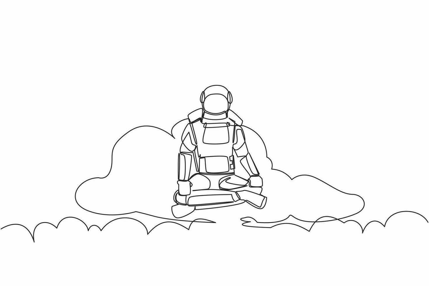 Single kontinuierlich Linie Zeichnung jung Astronaut meditiert und ruhen im Yoga Position auf Wolken. entspannend nach galaktisch Expedition. Kosmonaut tief Raum. einer Linie Grafik Design Vektor Illustration