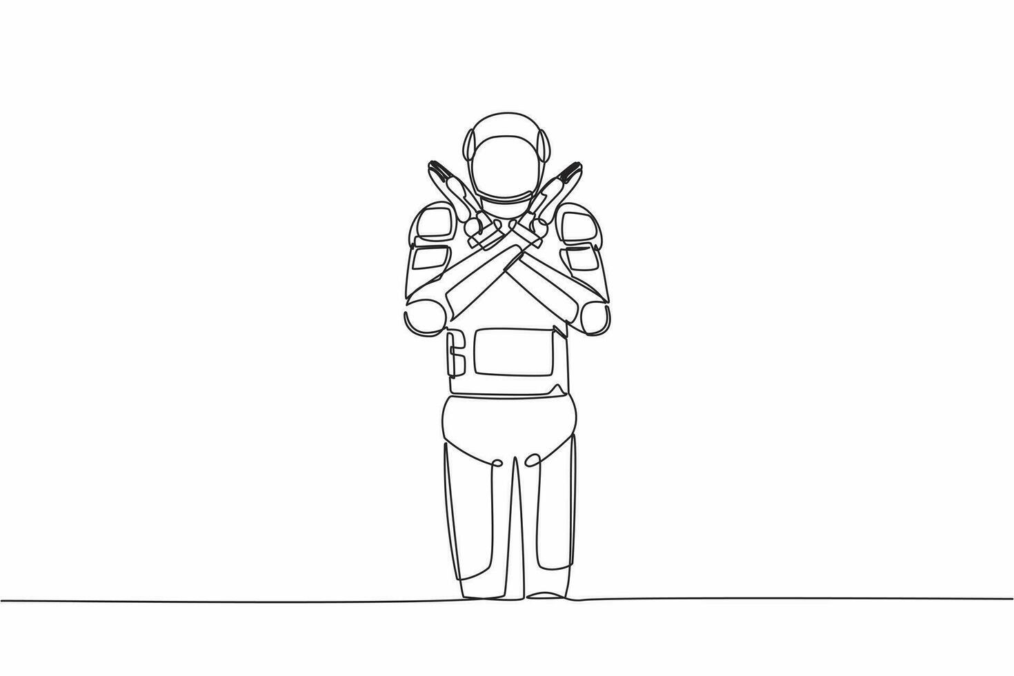 Single kontinuierlich Linie Zeichnung jung Astronaut Stehen mit Kreuzung Waffen und Herstellung x Form, halt Zeichen mit Hände. Kosmonaut tief Raum Konzept. dynamisch einer Linie Grafik Design Vektor Illustration