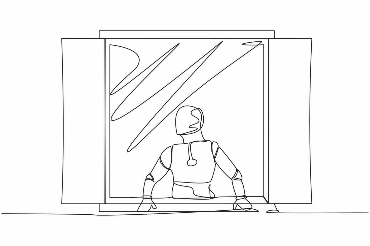Single einer Linie Zeichnung neugierig Roboter suchen draußen Fenster. Roboter mit ein Pflanze Aufpassen aus das Fenster. künstlich Intelligenz. Technologie Industrie. kontinuierlich Linie zeichnen Design Vektor Illustration