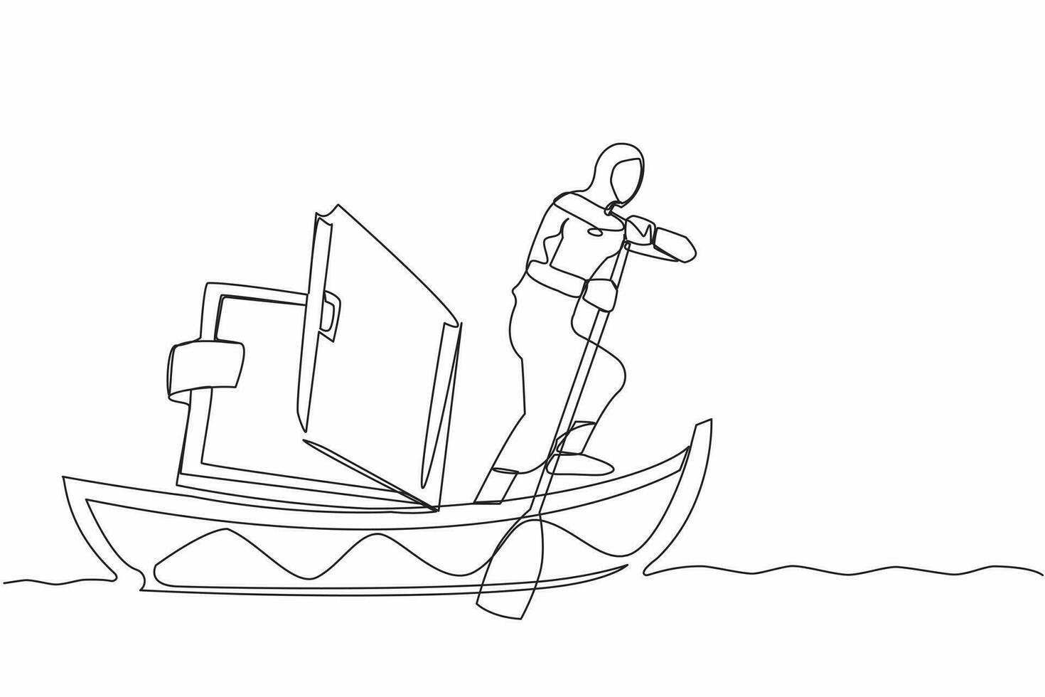 enda kontinuerlig linje teckning arab affärskvinna stående i båt och segling med öppen plånbok. sparande handväska budget. segling mästerskap igenkännande tilldela. ett linje dra design vektor illustration