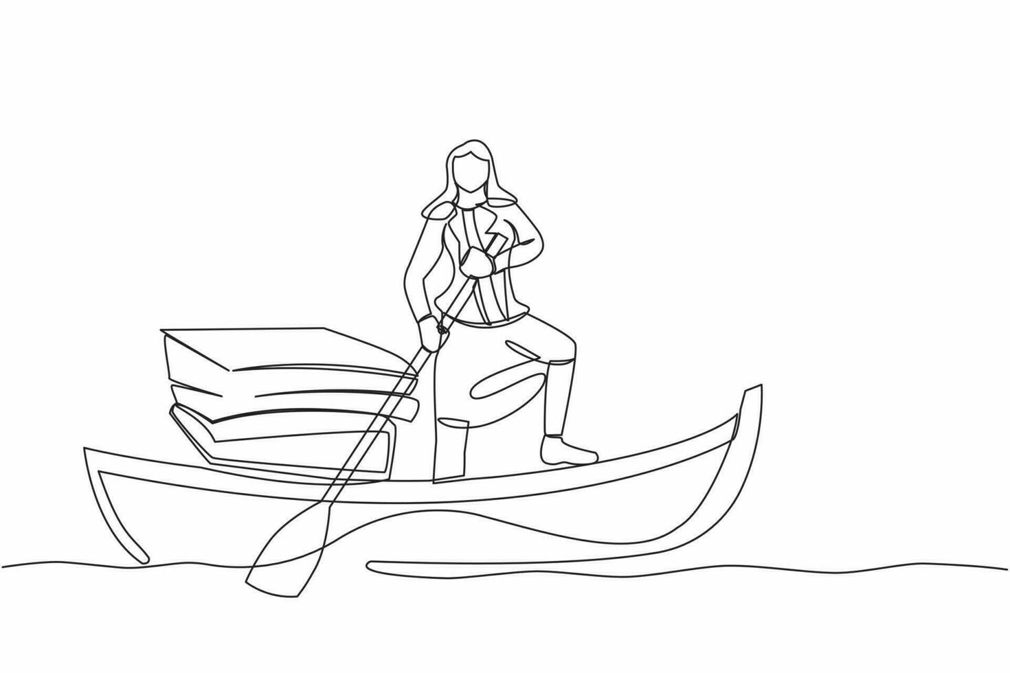 enda kontinuerlig linje teckning affärskvinna segling bort på båt med stack av papper. upptagen kontor arbetstagare klara av dokument, pappersarbete. överarbetad begrepp. ett linje grafisk design vektor illustration