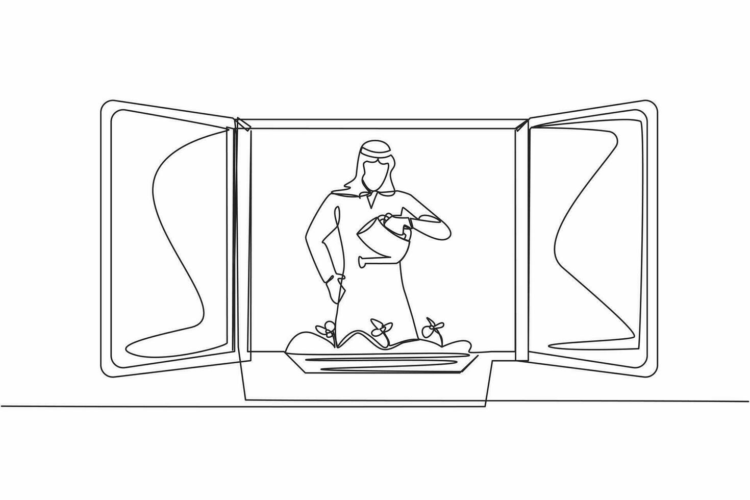 kontinuierlich einer Linie Zeichnung arabisch Mann Bewässerung Blumen auf das Balkon. jung Kerl tun Gartenarbeit Liebling Hobby. Zuhause Grün Garten, Haus Pflanzen wachsend. Single Linie Design Vektor Grafik Illustration