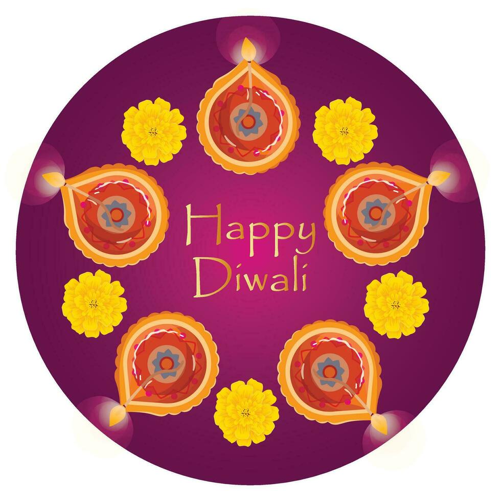 hälsning kort Lycklig diwali indisk festival av lampor med diya - traditionell olja lampa och blommor vektor