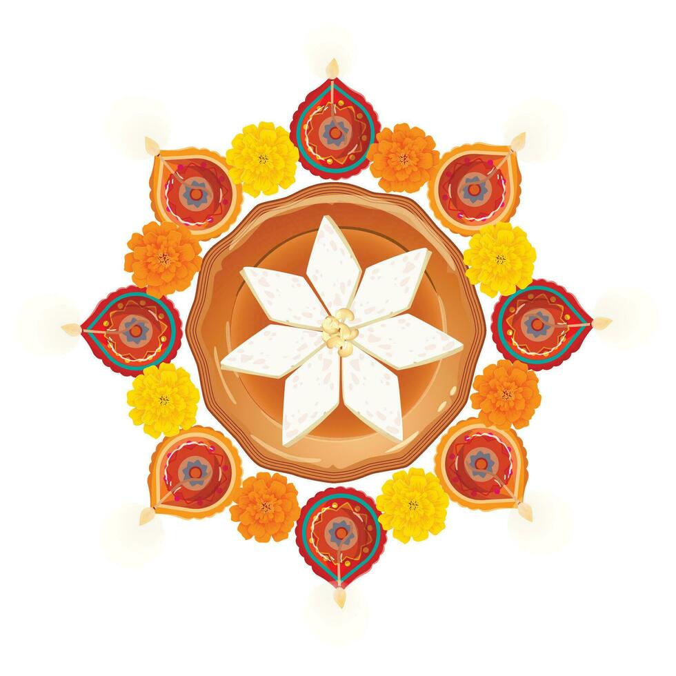 Illustration von Verbrennung Diya und Ringelblume Blumen mit Kaju katli indisch Süss zum Licht Festival von Indien. Diwali Urlaub Hintergrund vektor