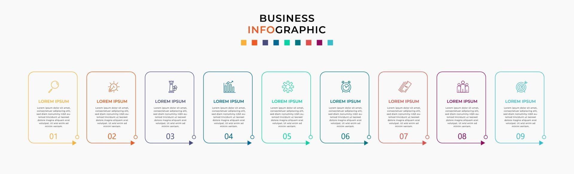 Infografik-Design-Business-Vorlage mit Symbolen und 9 Optionen oder Schritten vektor