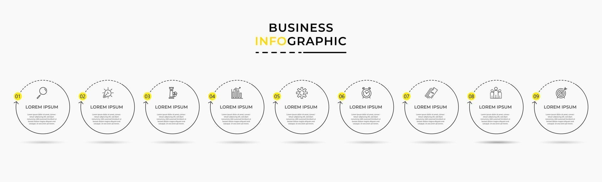 Infografik-Design-Business-Vorlage mit Symbolen und 9 Optionen oder Schritten vektor