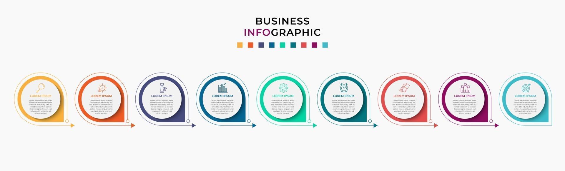 Infografik-Design-Business-Vorlage mit Symbolen und 9 Optionen oder Schritten vektor