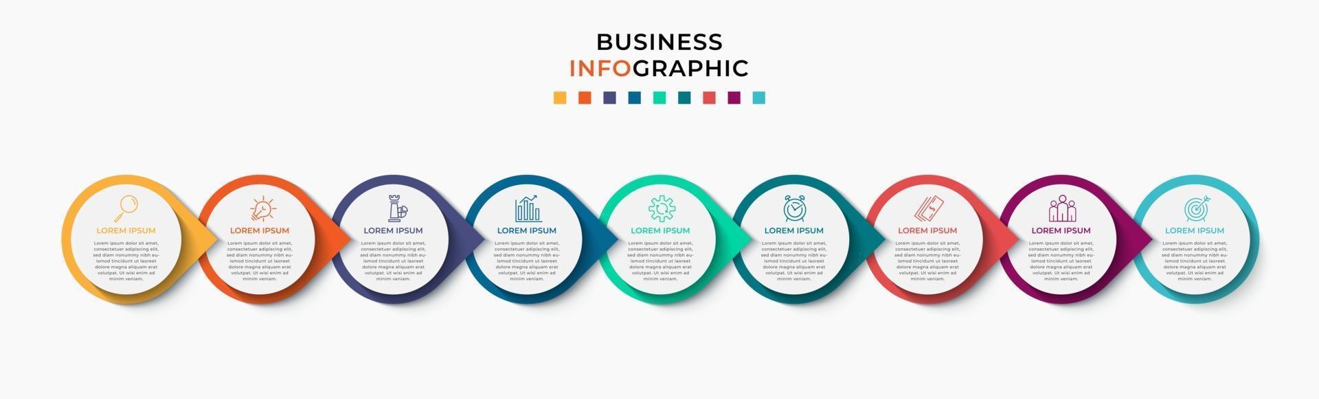 Infografik-Design-Business-Vorlage mit Symbolen und 9 Optionen oder Schritten vektor