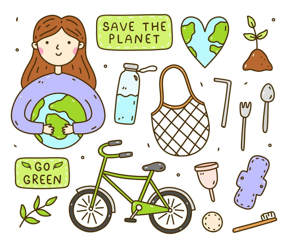 uppsättning av gå grön, spara de planet doodles. en flicka innehav de jord i henne händer, hjärtformade planet, cykel, maska väska, stål bestick, återanvändbar föremål, växt fröplanta. noll avfall, ekologi begrepp. vektor