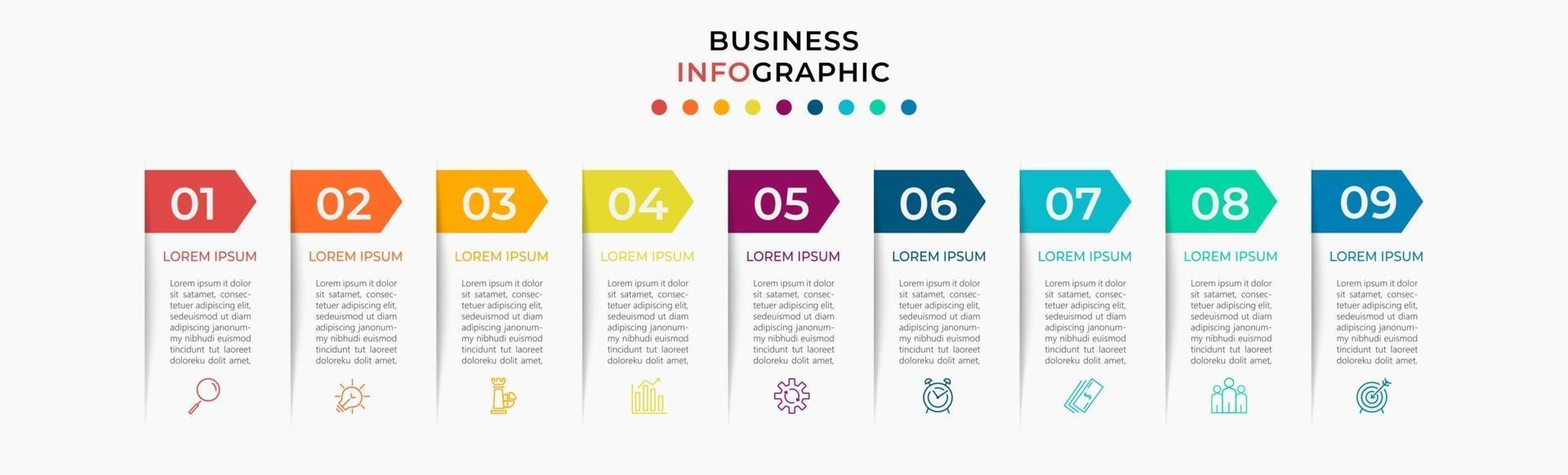 infographic design affärsmall med ikoner och 9 alternativ eller steg vektor