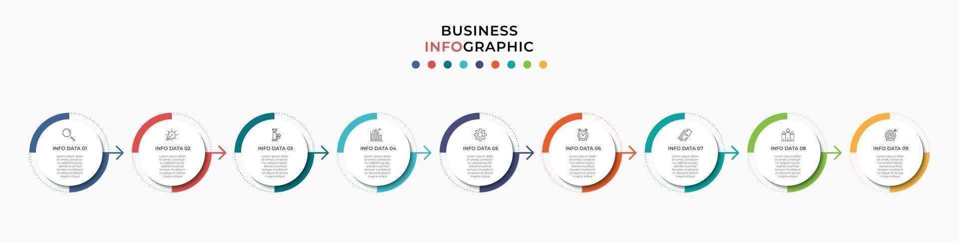 infographic design affärsmall med ikoner och 9 alternativ eller steg vektor