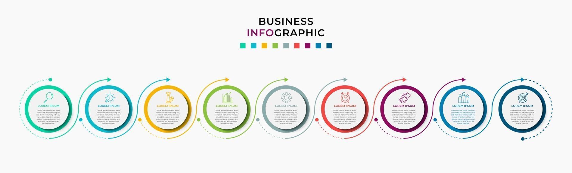 infographic design affärsmall med ikoner och 9 alternativ eller steg vektor