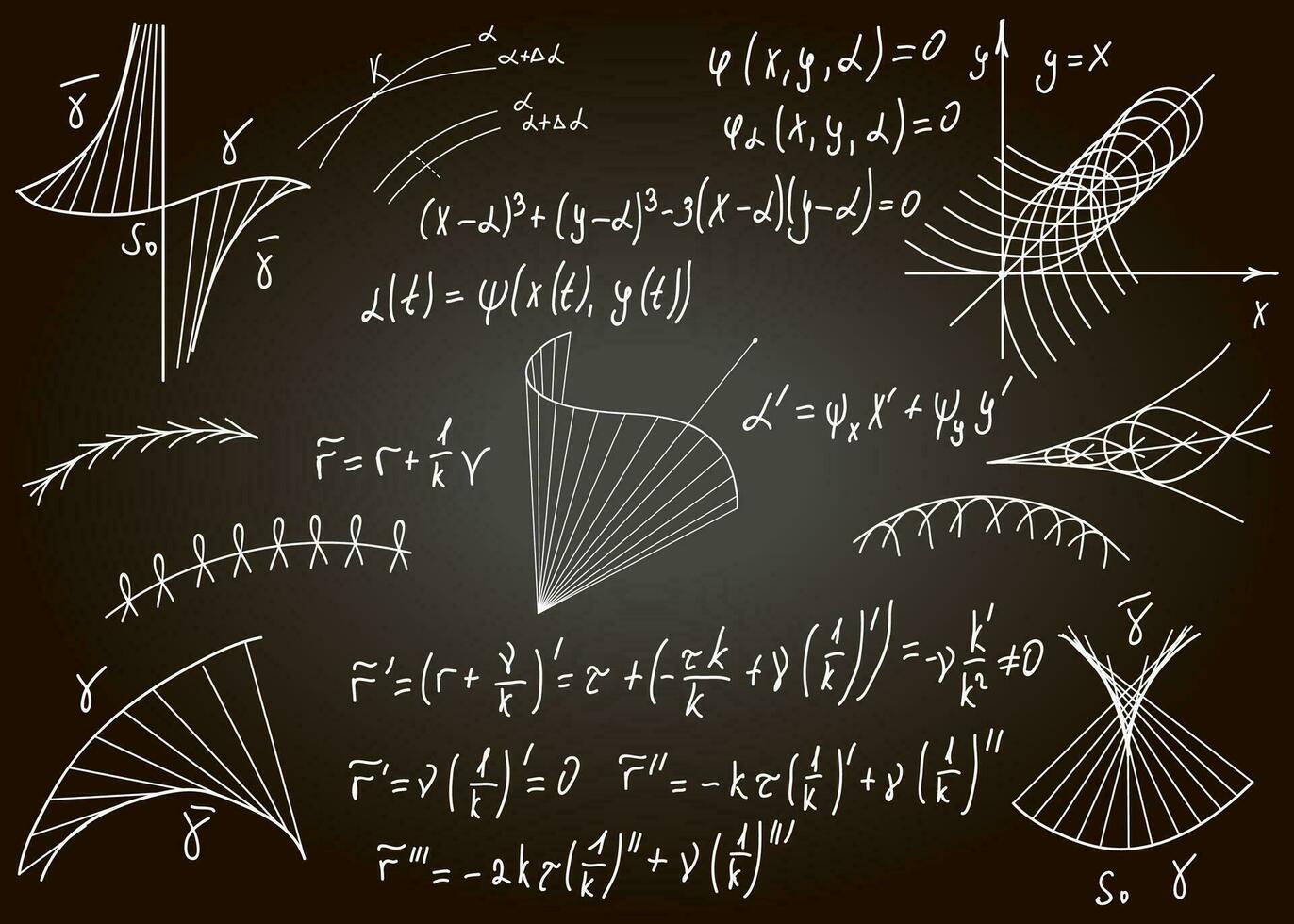 mathematisch Formeln gezeichnet durch Hand auf das schwarz Tafel zum das Hintergrund. Vektor Illustration.