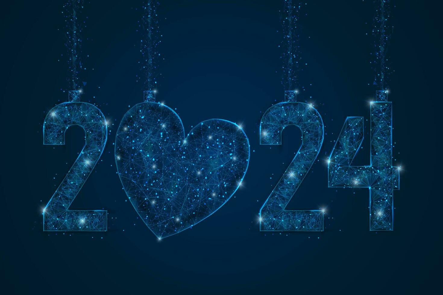 abstrakt isoliert Blau Bild von Neu Jahr Nummer 2024. polygonal niedrig poly Drahtmodell Illustration sieht aus mögen Sterne im das hell Nacht Himmel im Spase oder fliegend Glas Scherben. Digital Netz, Internet Design. vektor