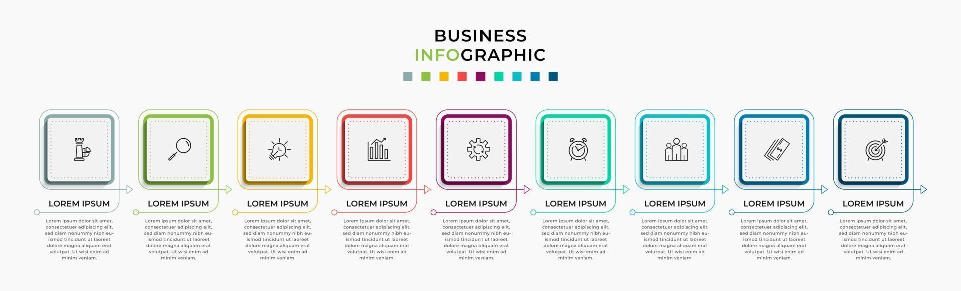 Infografik-Design-Business-Vorlage mit Symbolen und 9 Optionen oder Schritten vektor