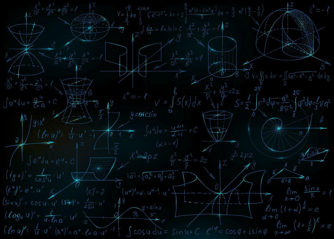 mathematisch Formeln gezeichnet durch Hand auf das schwarz Tafel zum das Hintergrund. Vektor Illustration.