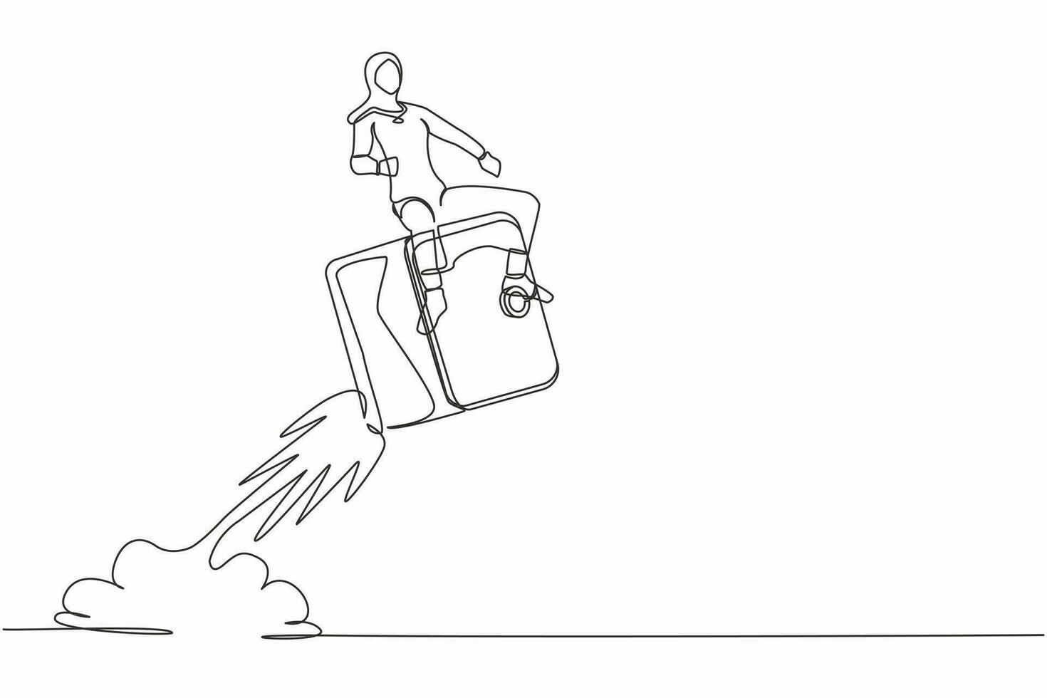 enda ett linje teckning arab affärskvinna ridning säker deposition låda raket flygande i himmel. förvaring pengar i Bank, skyddande besparingar i säker. säkra finansiera. kontinuerlig linje design vektor illustration