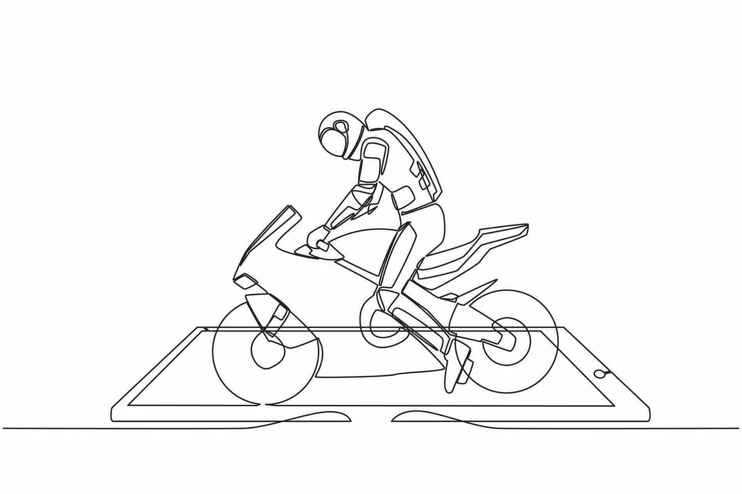 kontinuierlich einer Linie Zeichnung jung Astronaut Biker tragen Helm, Reiten Motorrad auf Smartphone Bildschirm. online Sport Fahrrad. Kosmonaut äußere Raum. Single Linie zeichnen Grafik Design Vektor Illustration