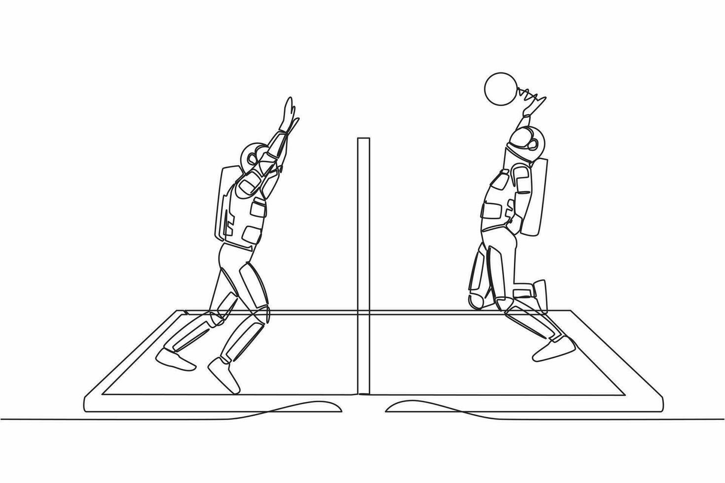 Single kontinuierlich Linie Zeichnung Volleyball Gericht mit zwei Astronaut Spieler auf Smartphone Bildschirm. Volleyball Spieler während passen, Handy, Mobiltelefon App. Kosmonaut tief Raum. einer Linie Design Vektor Illustration