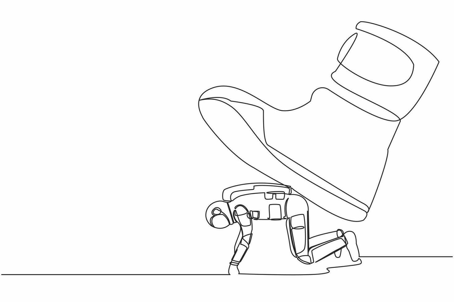 Single kontinuierlich Linie Zeichnung von jung Astronaut kriechen unter Riese Fuß trampeln. Raumfahrer unterdrückt durch das Boss mit unter groß Schuh. Kosmonaut tief Raum. einer Linie zeichnen Design Vektor Illustration