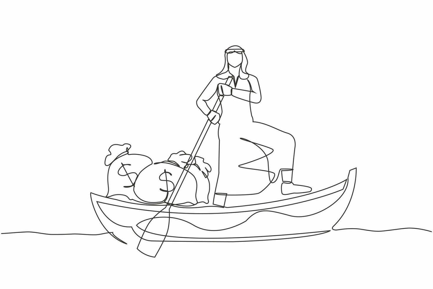 enda kontinuerlig linje teckning arab affärsman segling bort på båt med pengar väska. kontor arbetstagare fly med pengar. finansiell Framgång och vinst. ett linje dra grafisk design vektor illustration