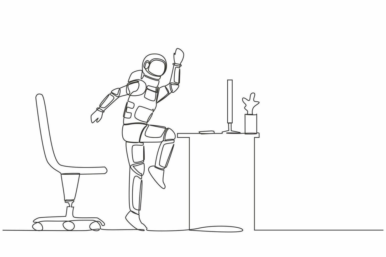 enda kontinuerlig linje teckning Lycklig astronaut Hoppar och dans på hans dator skrivbord. fira Framgång Plats utforskning. kosmonaut djup Plats. ett linje dra grafisk design vektor illustration