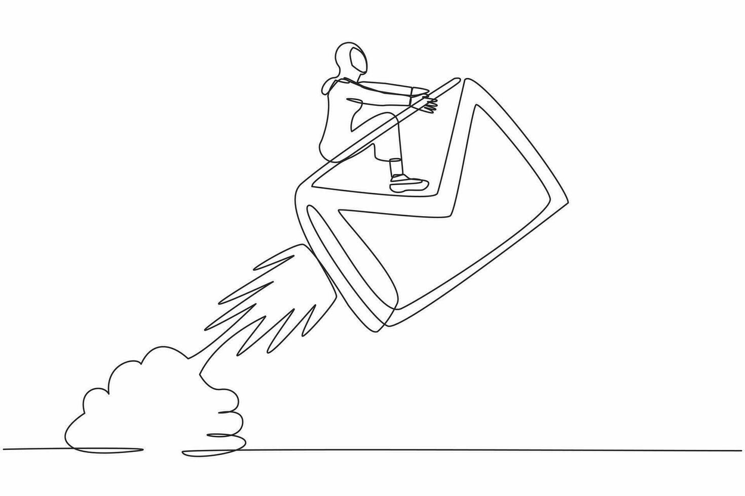 Single kontinuierlich Linie Zeichnung arabisch Geschäftsfrau Reiten Papier Briefumschlag Rakete fliegend im Himmel. Konzept von Sozial Medien, Digital Botschaft Entwicklung Programm. einer Linie zeichnen Design Vektor Illustration