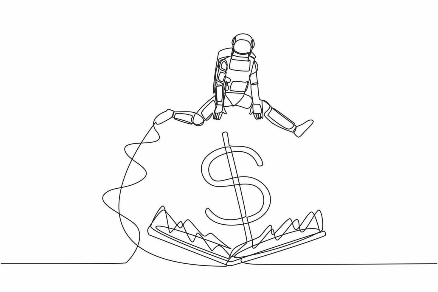 enda ett linje teckning astronaut Hoppar över pengar fälla med stor pengar dollar symbol. finansiell fälla i rymdskepp företag. kosmisk galax Plats. kontinuerlig linje grafisk design vektor illustration